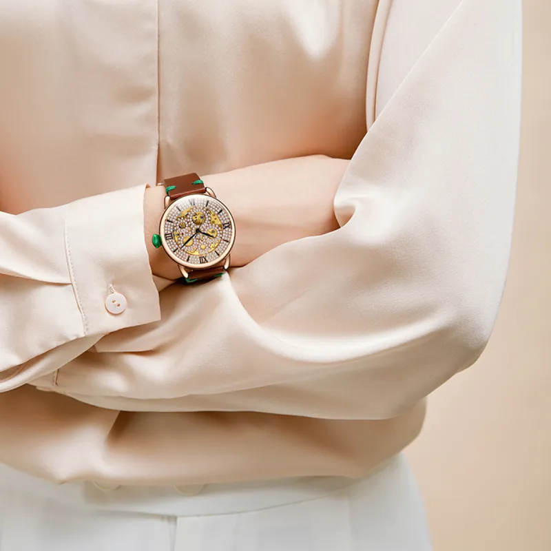DAVENA Dotted Eye Collection Mechanical Movement Genuine Leather Strap Watch Women's Watch Cut Out Dial-4