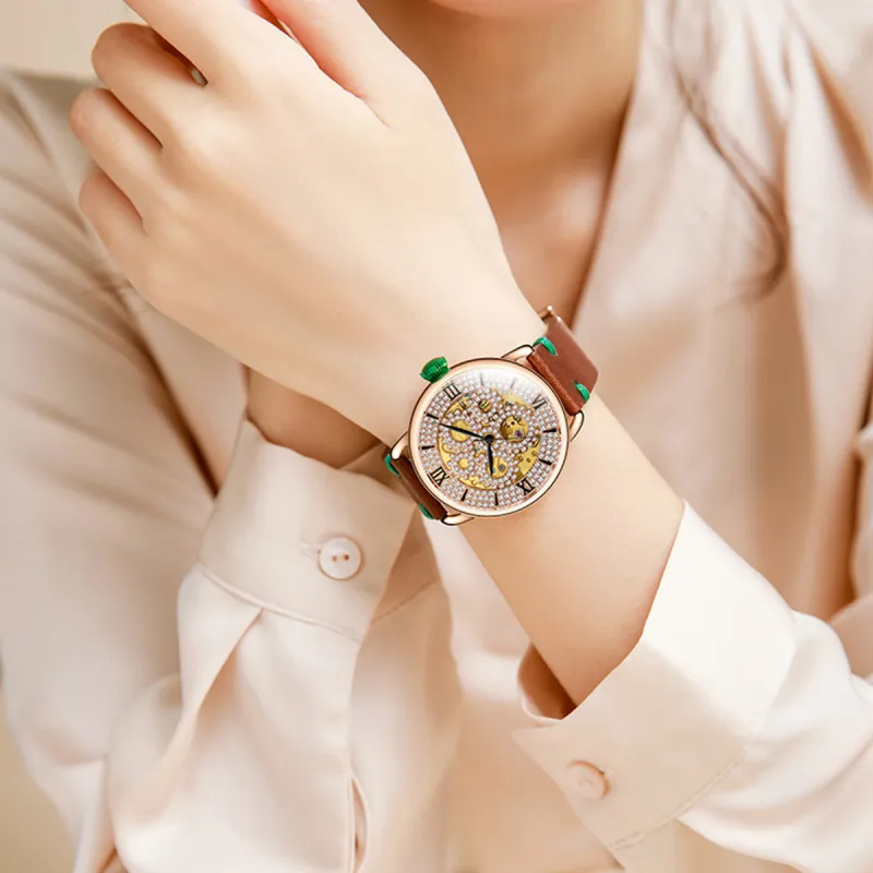 DAVENA Dotted Eye Collection Mechanical Movement Genuine Leather Strap Watch Women's Watch Cut Out Dial-3
