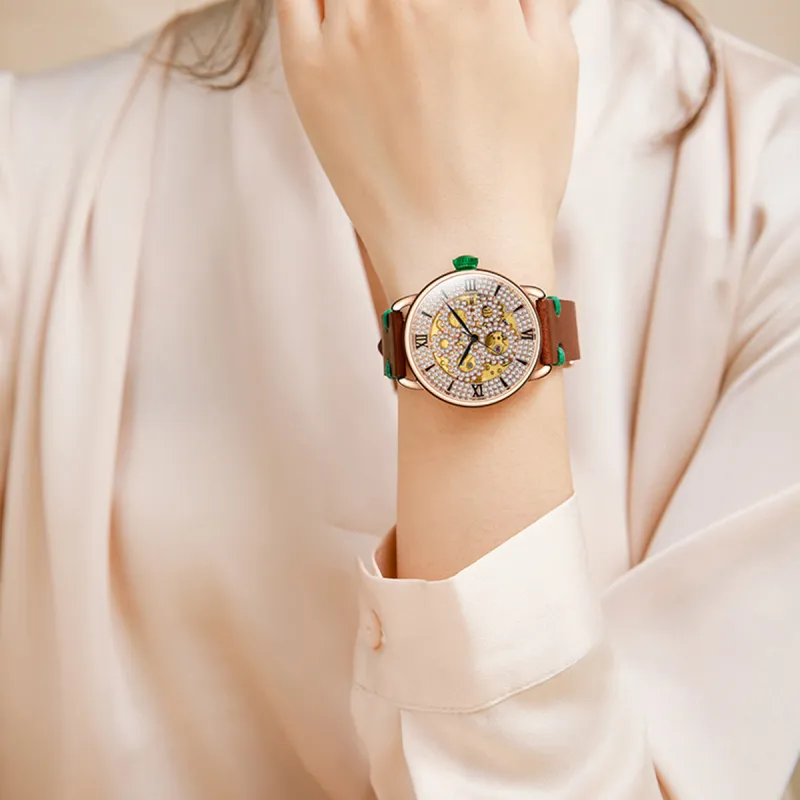 DAVENA Dotted Eye Collection Mechanical Movement Genuine Leather Strap Watch Women's Watch Cut Out Dial-2
