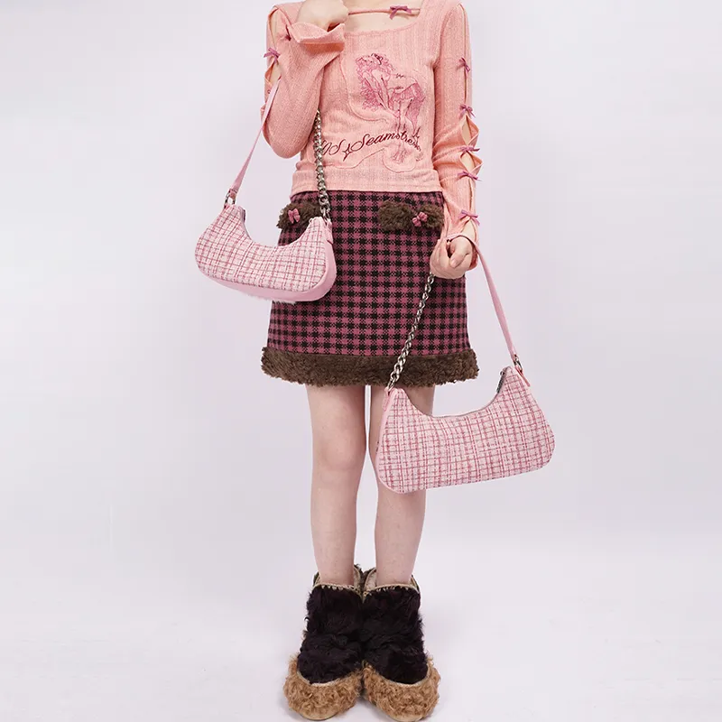 REBIRTH Leather Shoulder Bag Portable Crossbody Bag Shoulder Bag Medium Size Women's Gray Plaid/Pink Peach-2