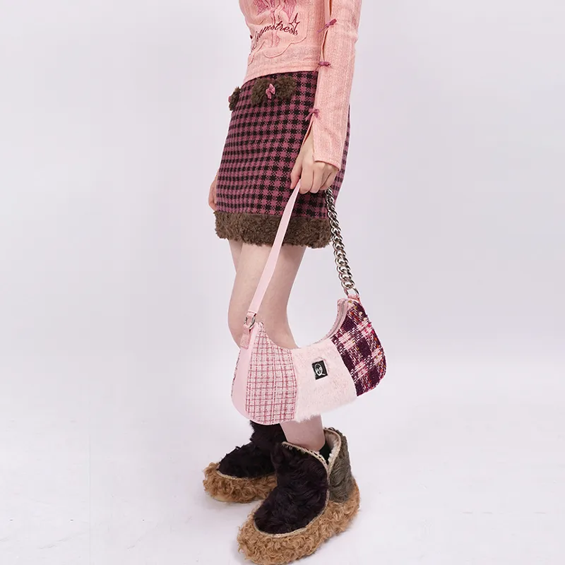 REBIRTH Leather Shoulder Bag Portable Crossbody Bag Shoulder Bag Medium Size Women's Gray Plaid/Pink Peach-4