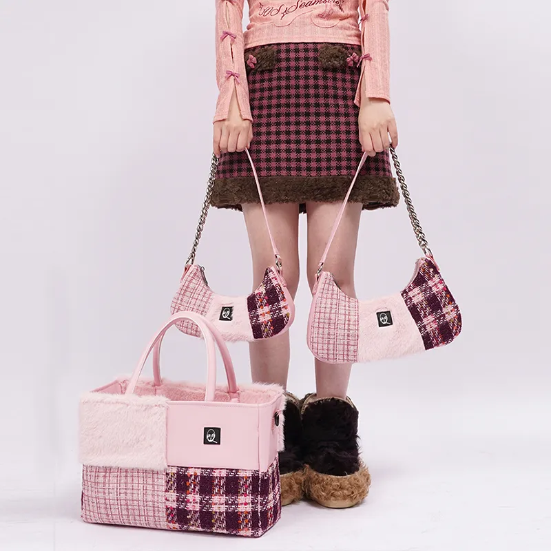 REBIRTH Leather Shoulder Bag Portable Crossbody Bag Shoulder Bag Medium Size Women's Gray Plaid/Pink Peach-1