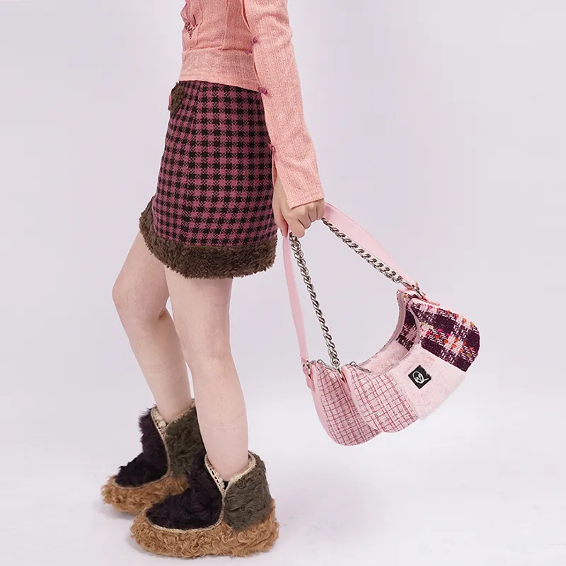 REBIRTH Leather Shoulder Bag Portable Crossbody Bag Shoulder Bag Medium Size Women's Gray Plaid/Pink Peach-3