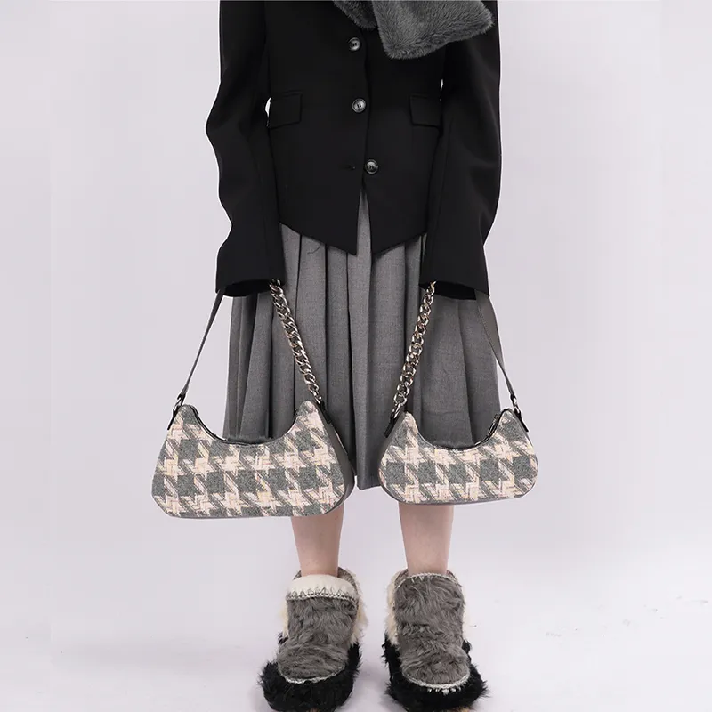 REBIRTH Leather Shoulder Bag Portable Crossbody Bag Shoulder Bag Medium Size Women's Gray Plaid/Pink Peach-9