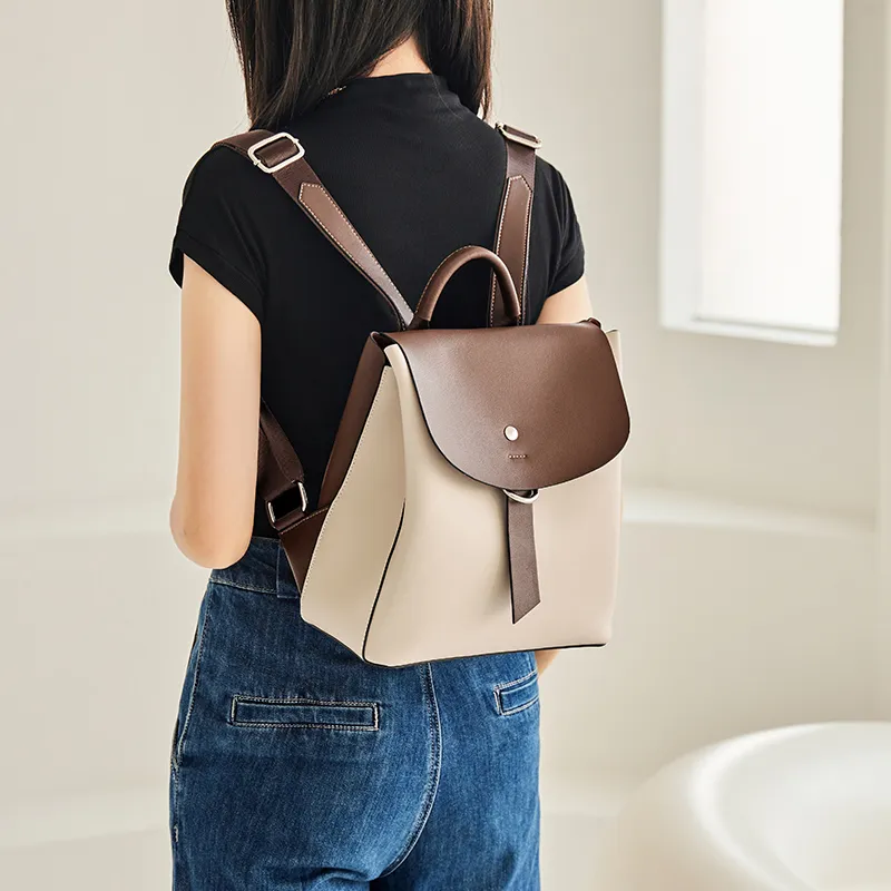 Narandu Cow Leather Patchwork Synthetic Leather Backpack Large Size Women's White & Brown-2