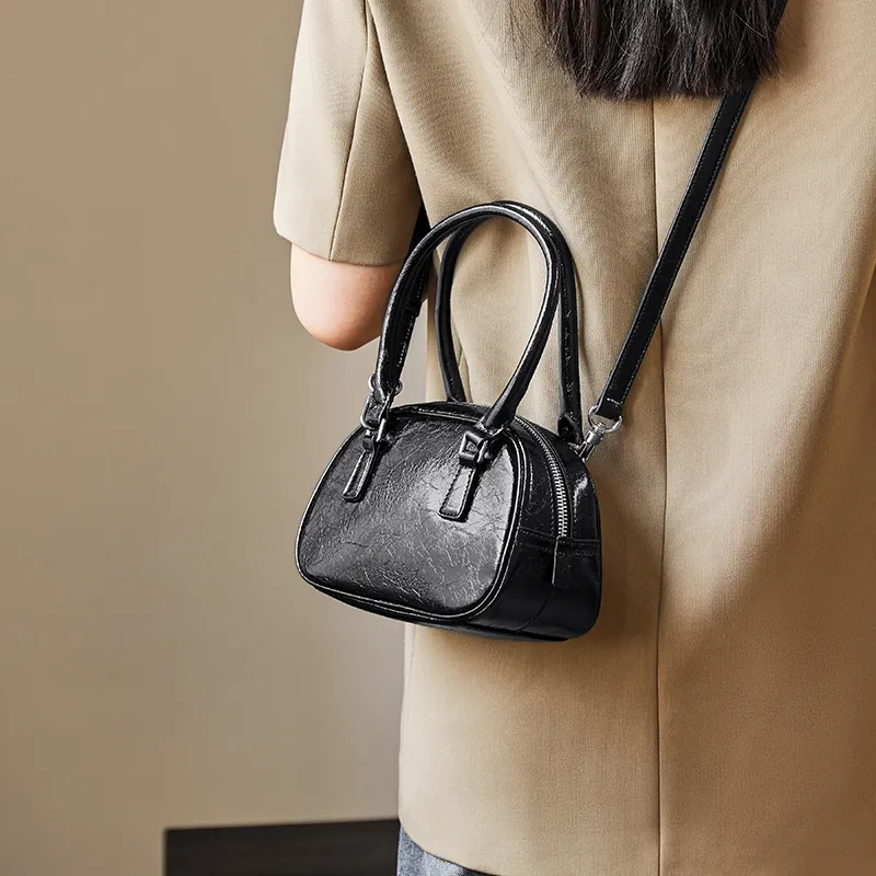 Narandu Cow Leather Bowling Bag, Crossbody Bag, Handbag Regular Women's Space Silver/Midnight Black-8