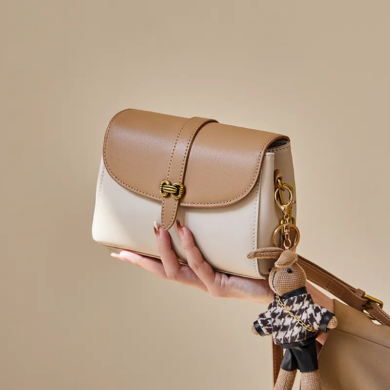 Narandu Cow Leather Patchwork Synthetic Leather Small Square Bag Crossbody Bags Small Size Women's Ecru & Apricot/Brown-4