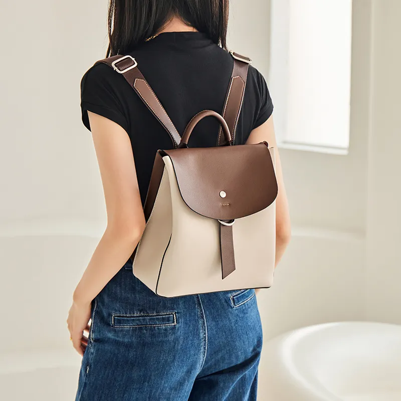 Narandu Cow Leather Patchwork Synthetic Leather Backpack Large Size Women's White & Brown-1