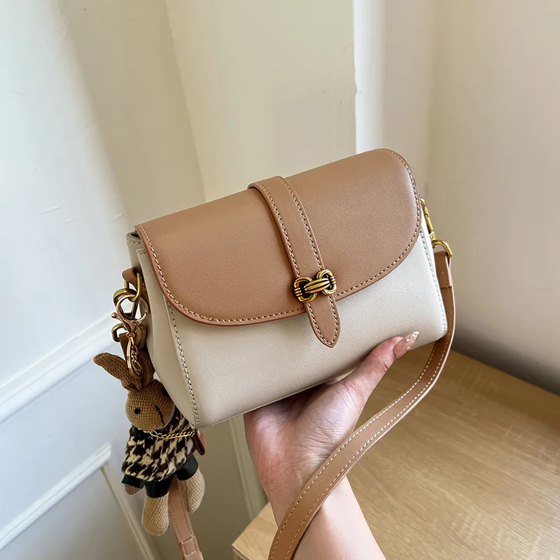 Narandu Cow Leather Patchwork Synthetic Leather Small Square Bag Crossbody Bags Small Size Women's Ecru & Apricot/Brown-5