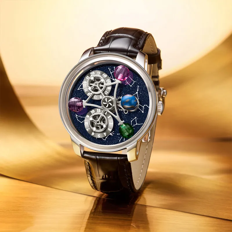 HAEMMER Automatic Mechanical Movement Genuine Leather Strap Men's Watches Cut Out Dial-6