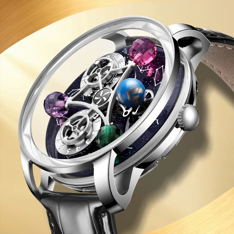 HAEMMER Automatic Mechanical Movement Genuine Leather Strap Men's Watches Cut Out Dial-5