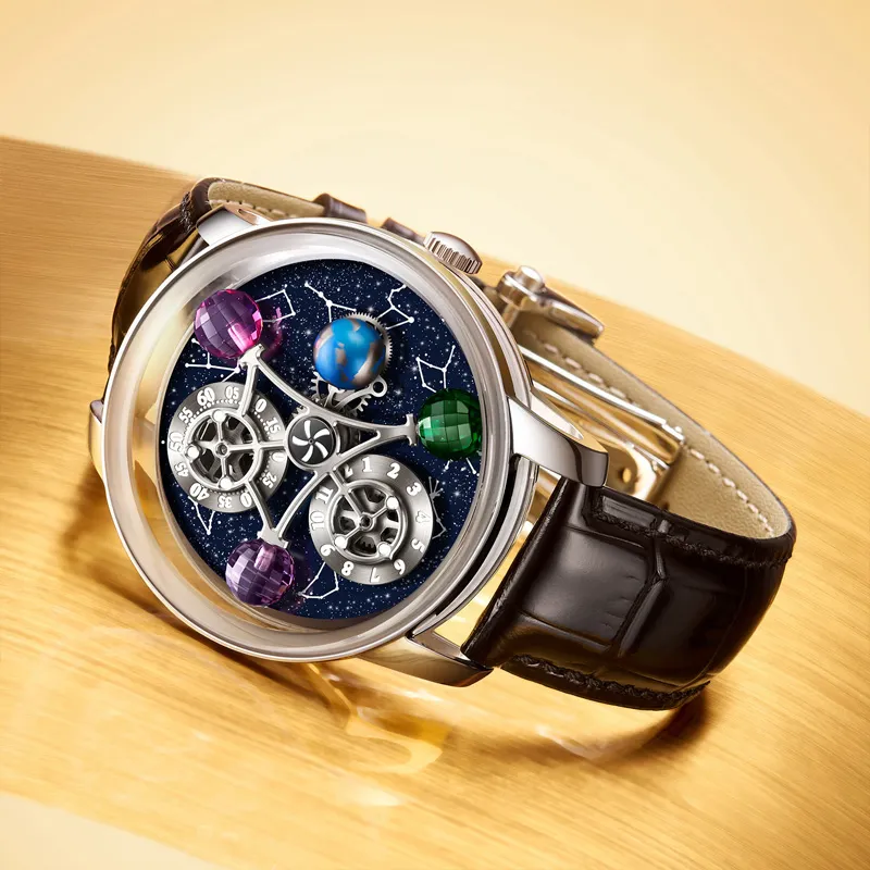 HAEMMER Automatic Mechanical Movement Genuine Leather Strap Men's Watches Cut Out Dial-2