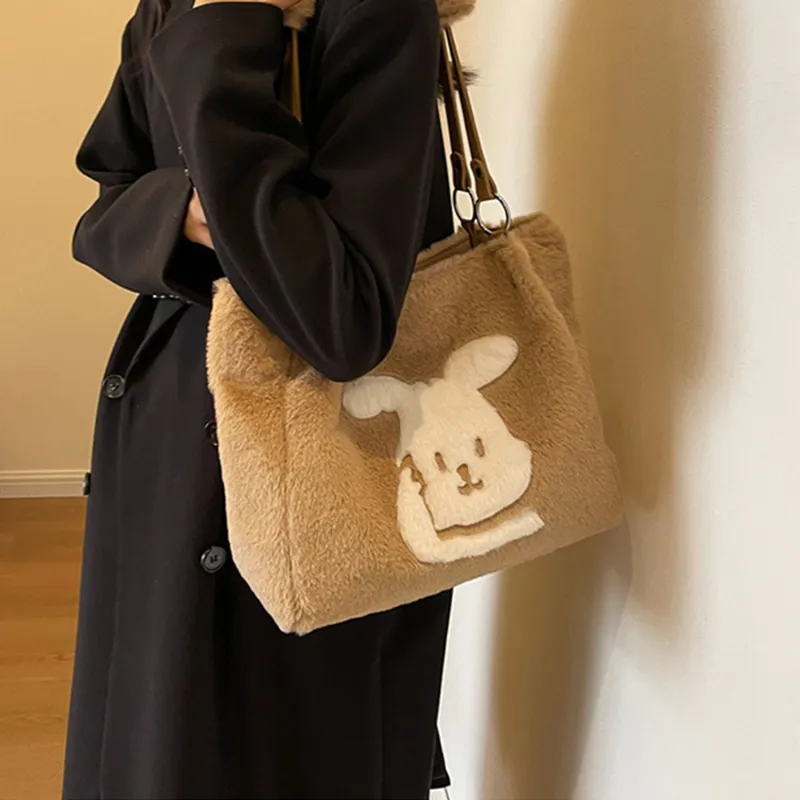 UNITE STAR Plush Tote Bag Shopping Bag Shoulder Bags Women's Black/White/Khaki-10