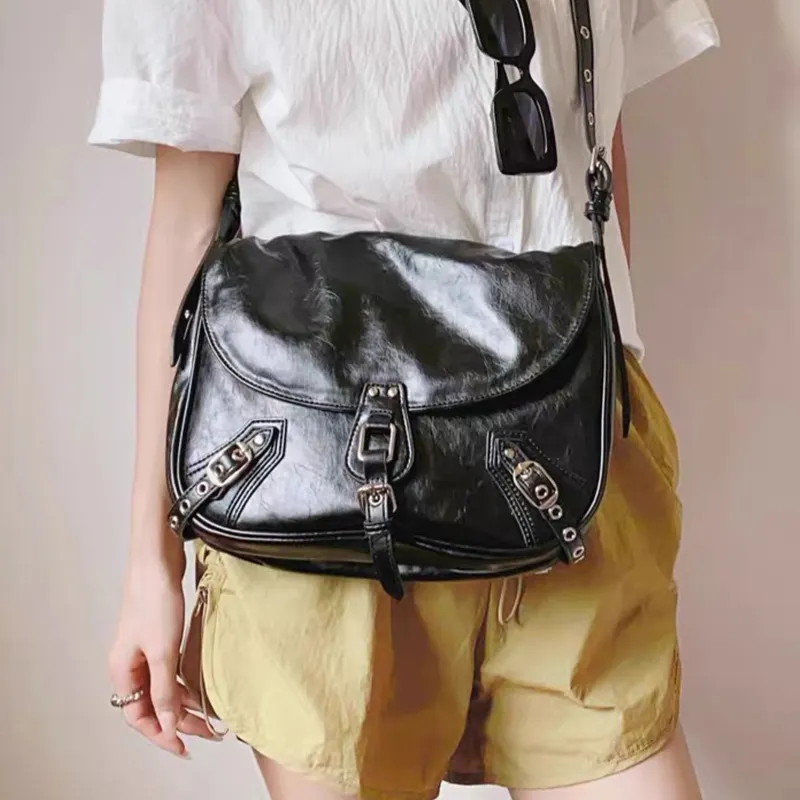 UNITE STAR PU Waxed Leather Messenger Bag Crossbody Handbag Shoulder Bag Medium Size Women's Black-3