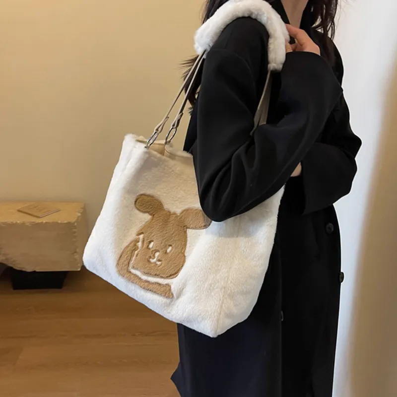 UNITE STAR Plush Tote Bag Shopping Bag Shoulder Bags Women's Black/White/Khaki-6