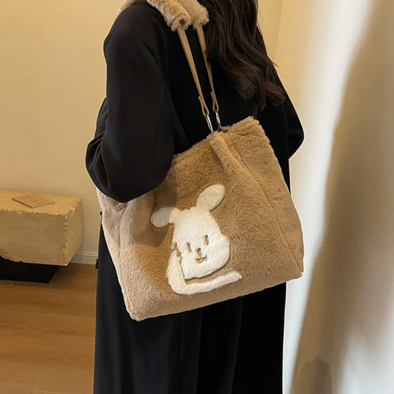 UNITE STAR Plush Tote Bag Shopping Bag Shoulder Bags Women's Black/White/Khaki-11