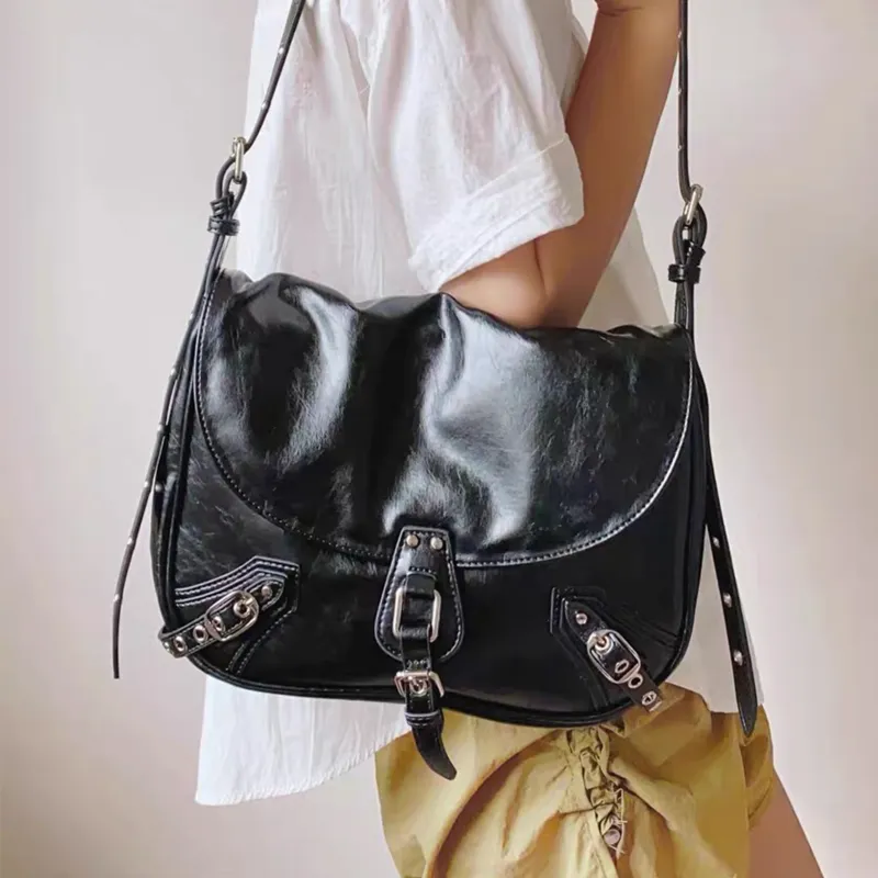 UNITE STAR PU Waxed Leather Messenger Bag Crossbody Handbag Shoulder Bag Medium Size Women's Black-4
