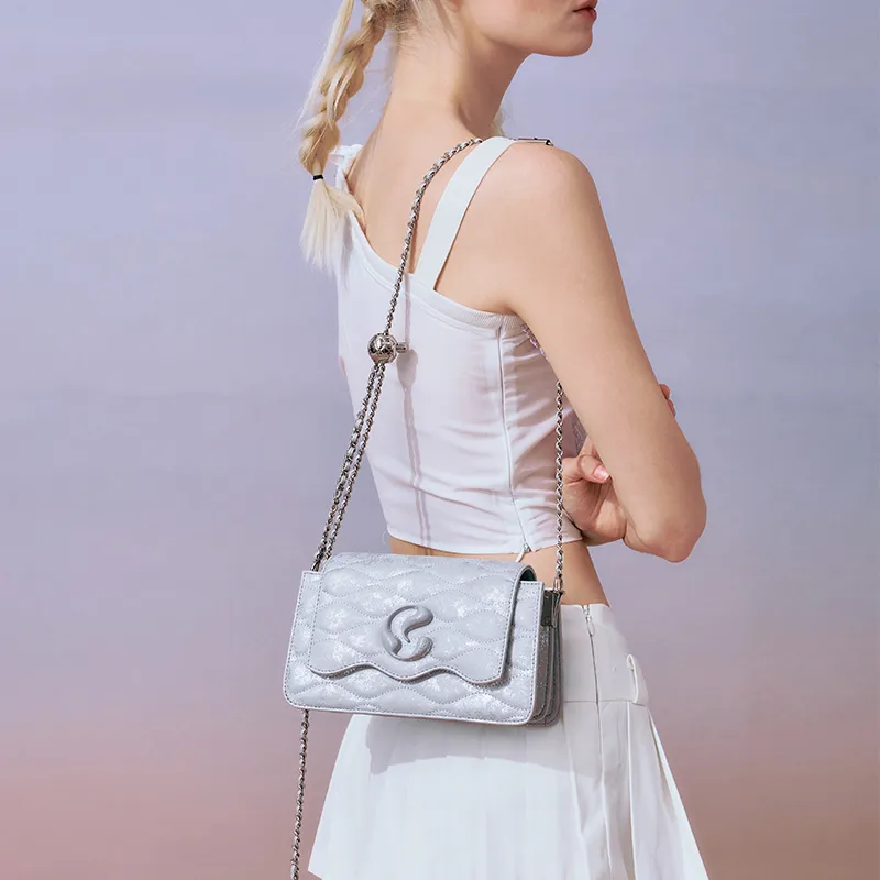 JACD PU Refined Small Square Bag, Commute Shoulder Bag Women's White/Silver-1
