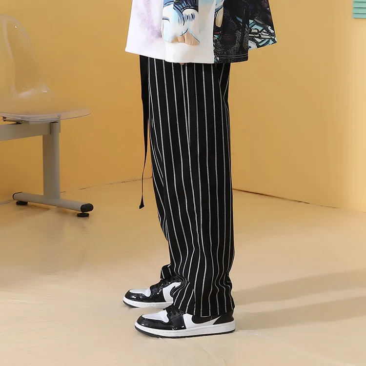 GENANX Casual Pants Unisex Black White Stripes-3
