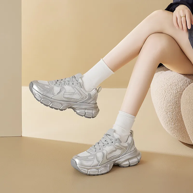 AGSDON Chunky Sneakers Women's Low Top Silver-4