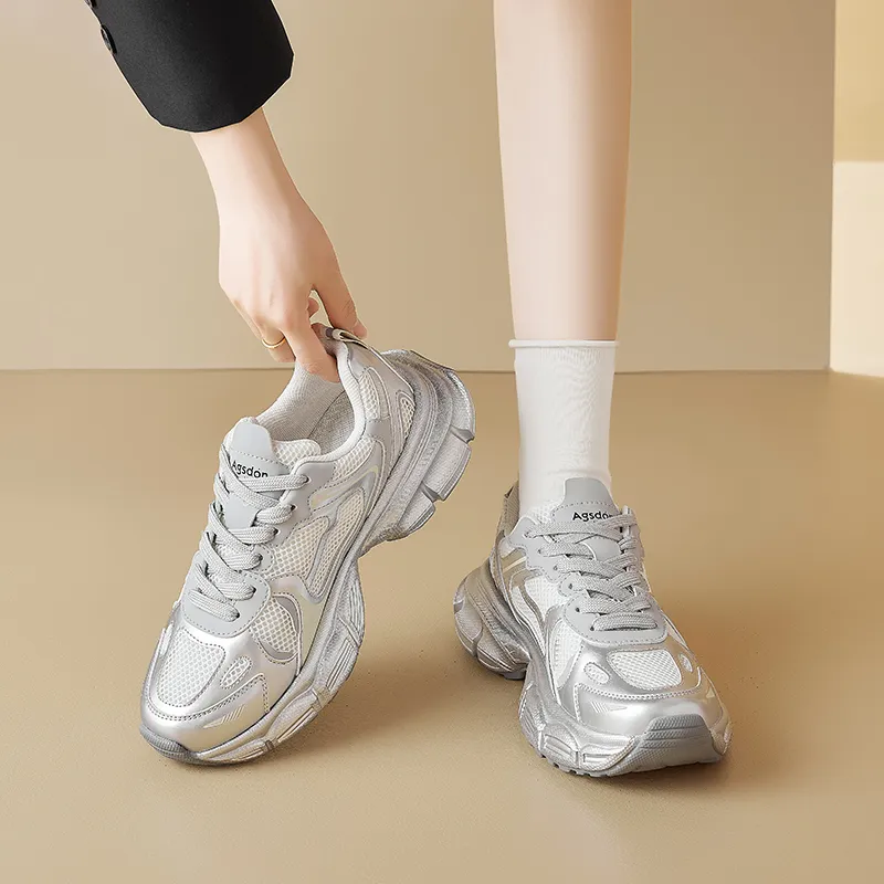 AGSDON Chunky Sneakers Women's Low Top Silver-3