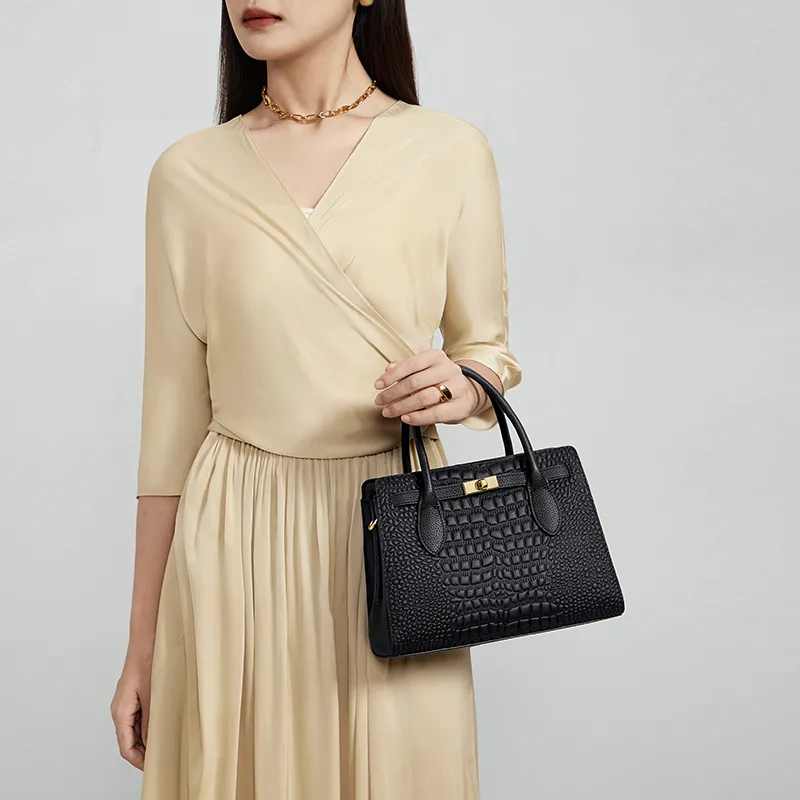 CNOLES Cow Split Leather Kelly Bag, Crossbody Bag, One Shoulder Handbag Medium Size Women's Black-4