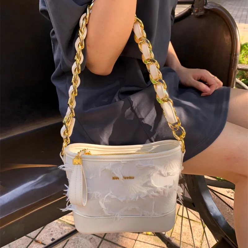 MACKJANICE Polyurethane Synthetic Leather Shoulder Bag Women's Fringe White-6
