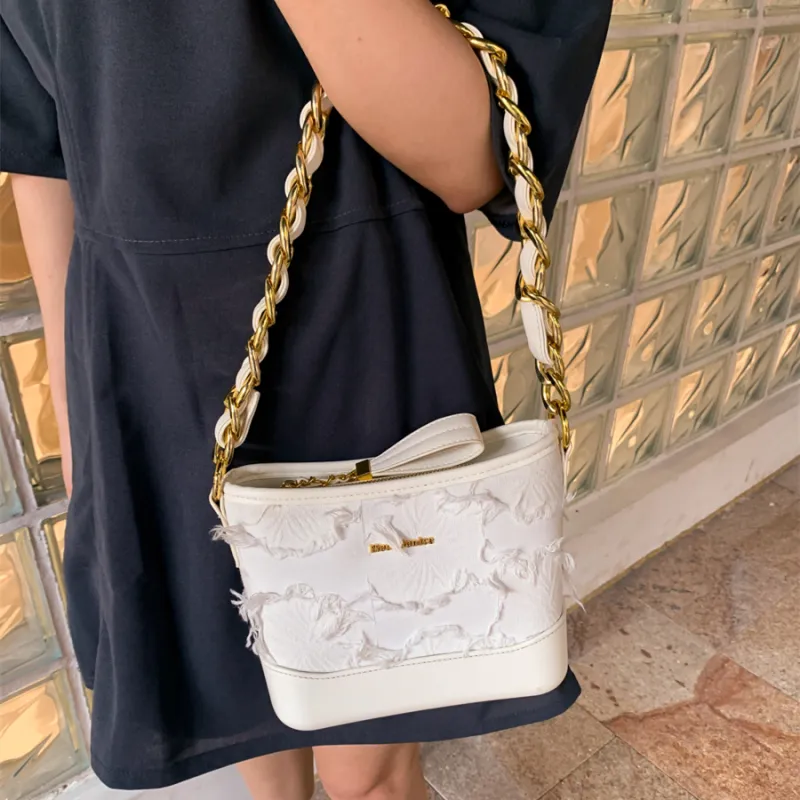 MACKJANICE Polyurethane Synthetic Leather Shoulder Bag Women's Fringe White-7