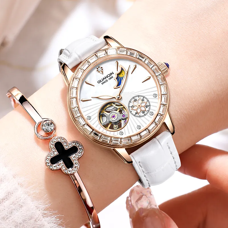 GUANQIN Dreamy Galaxy Collection Automatic Mechanical Movement Cow Leather Strap Watch Women's Watch White Dial-9