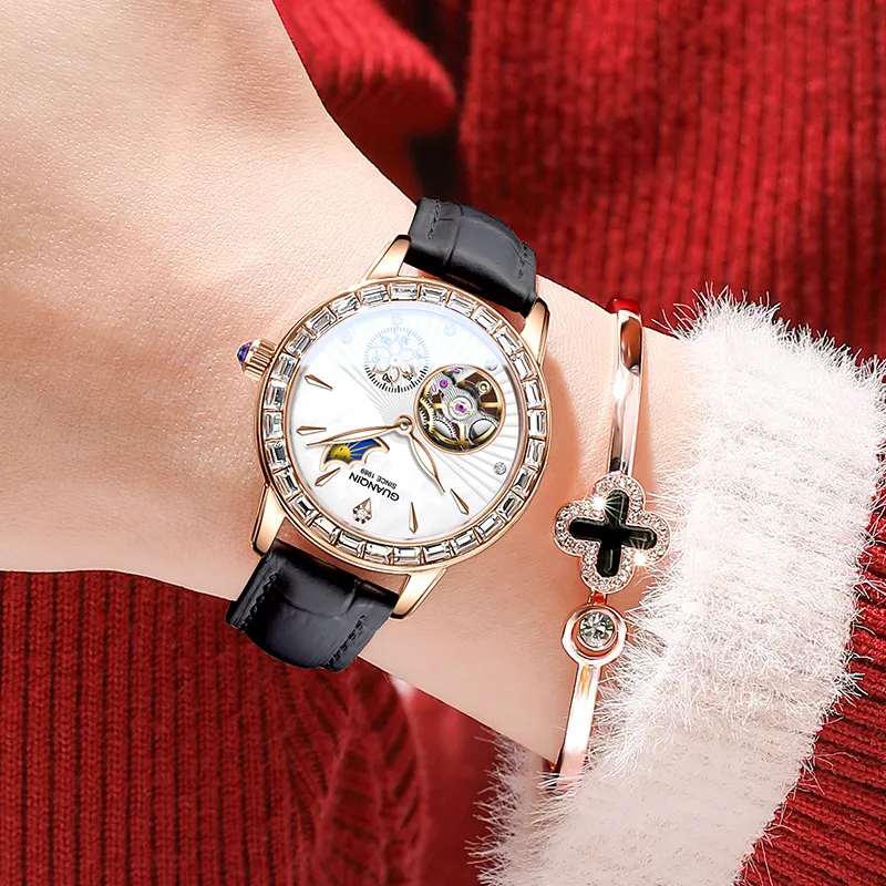 GUANQIN Dreamy Galaxy Collection Automatic Mechanical Movement Cow Leather Strap Watch Women's Watch White Dial-17