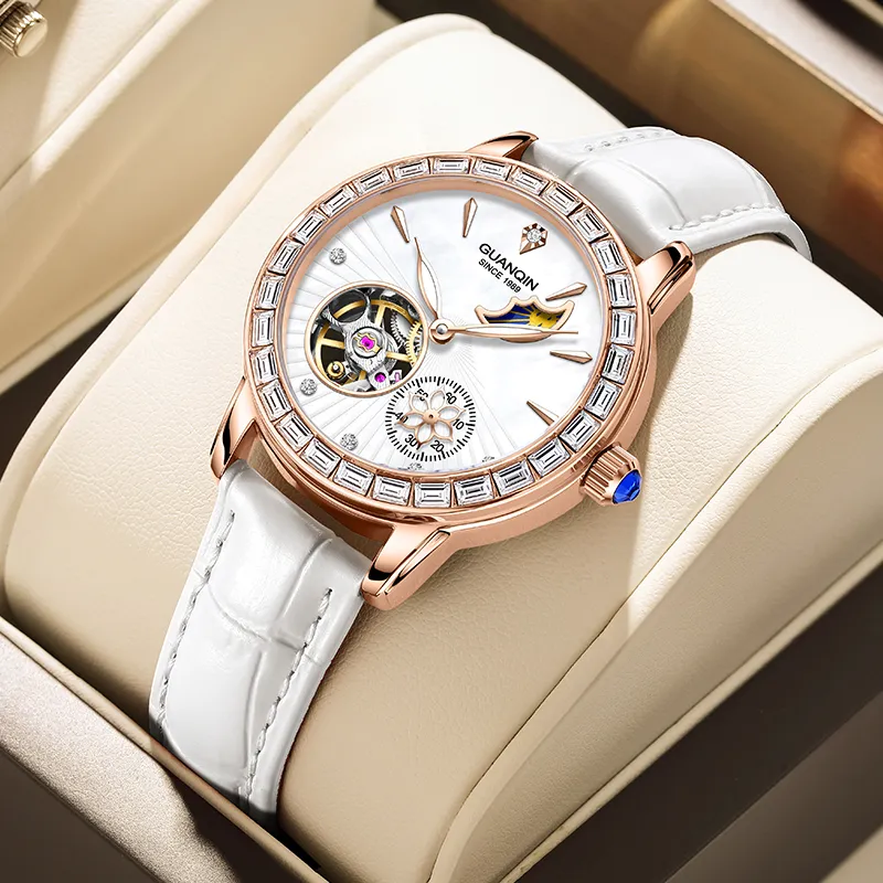 GUANQIN Dreamy Galaxy Collection Automatic Mechanical Movement Cow Leather Strap Watch Women's Watch White Dial-7