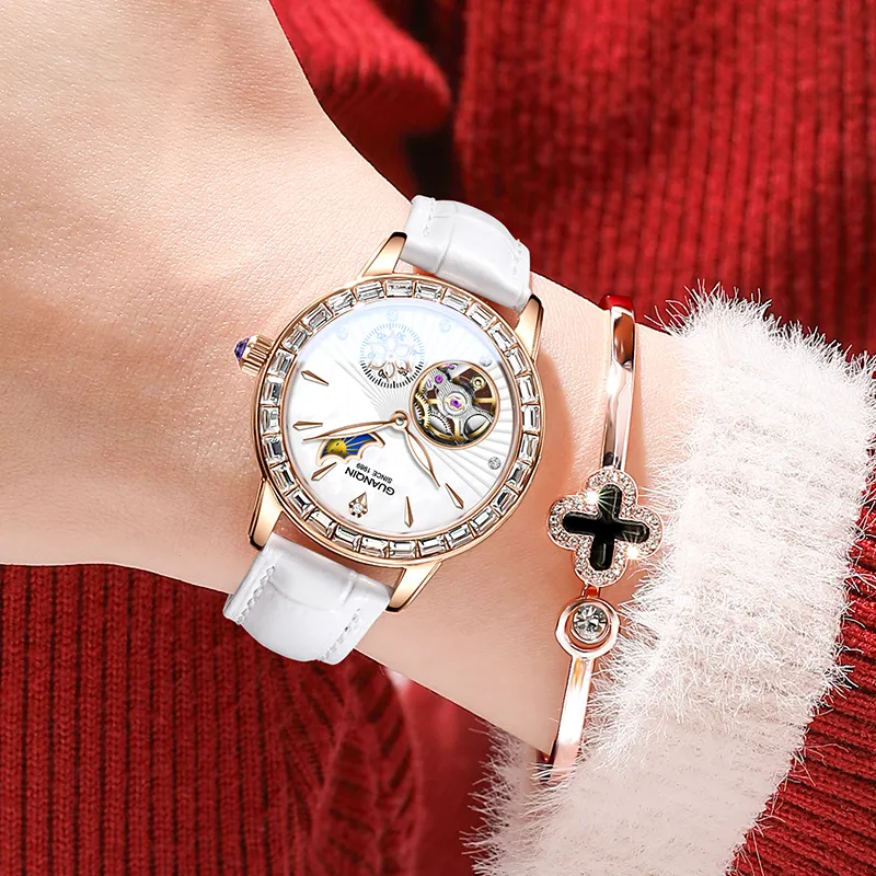 GUANQIN Dreamy Galaxy Collection Automatic Mechanical Movement Cow Leather Strap Watch Women's Watch White Dial-12