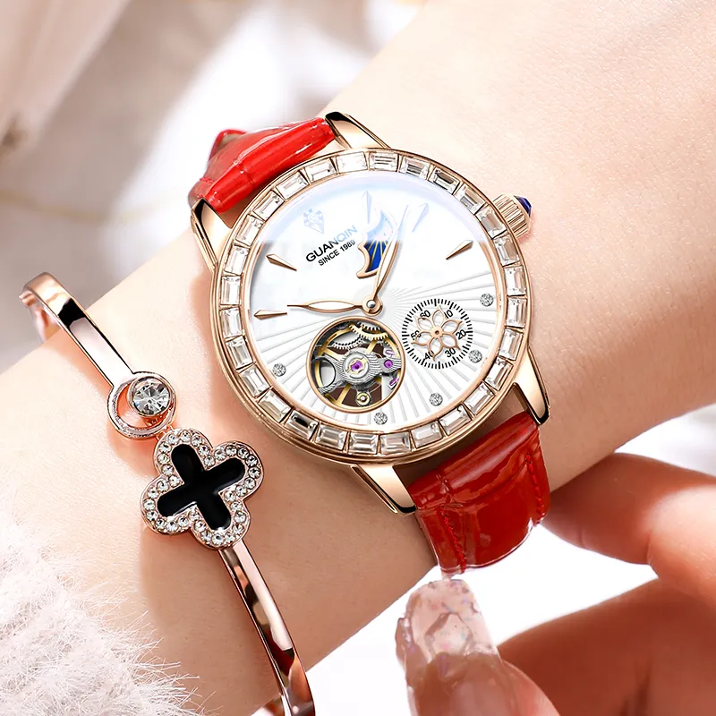 GUANQIN Dreamy Galaxy Collection Automatic Mechanical Movement Cow Leather Strap Watch Women's Watch White Dial-3