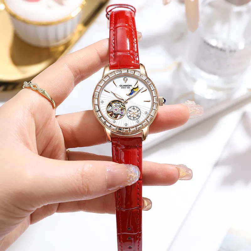GUANQIN Dreamy Galaxy Collection Automatic Mechanical Movement Cow Leather Strap Watch Women's Watch White Dial-5