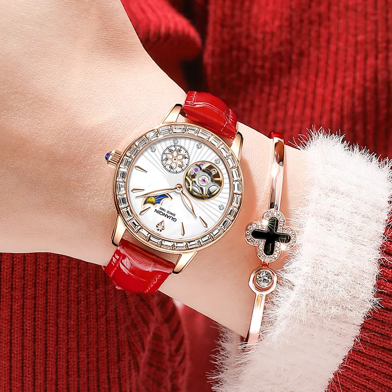 GUANQIN Dreamy Galaxy Collection Automatic Mechanical Movement Cow Leather Strap Watch Women's Watch White Dial-4