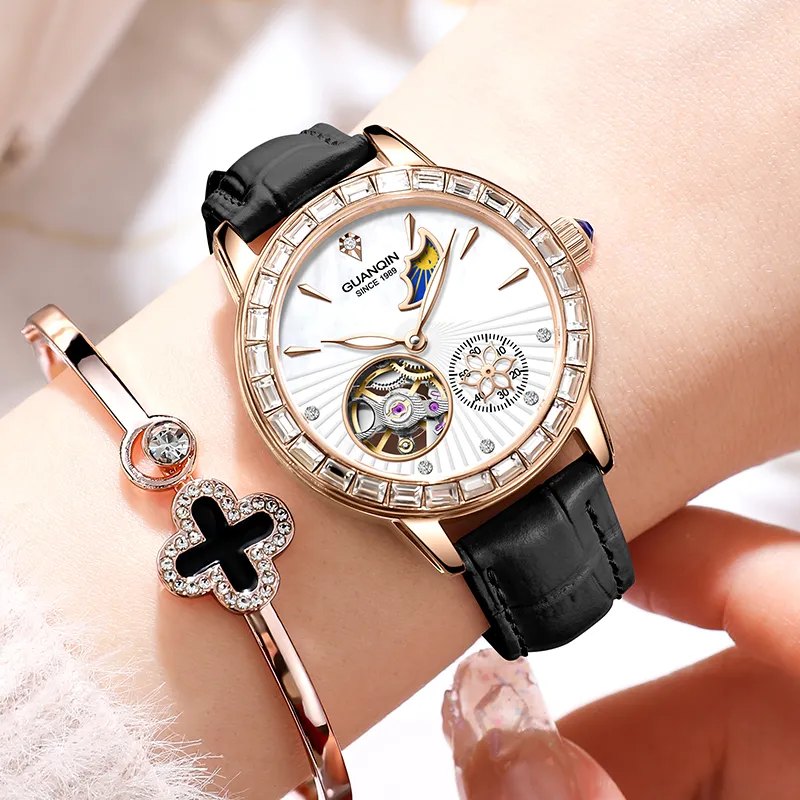 GUANQIN Dreamy Galaxy Collection Automatic Mechanical Movement Cow Leather Strap Watch Women's Watch White Dial-16