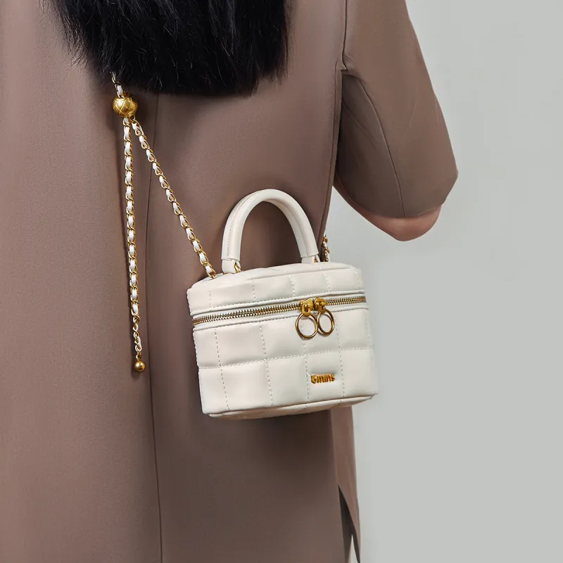 15 MINS Cow Leather Box Bag, Crossbody Bag, Shoulder Bag Mini Women's Ecru/Black-10