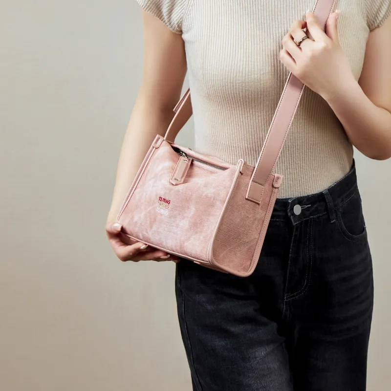 15 MINS Synthetic Leather Shoulder Bag Medium Size Women's Ecru & Apricot/Denim Blue/Dusty Pink-12