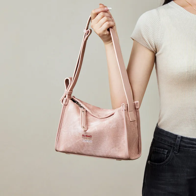 15 MINS Synthetic Leather Shoulder Bag Medium Size Women's Ecru & Apricot/Denim Blue/Dusty Pink-9