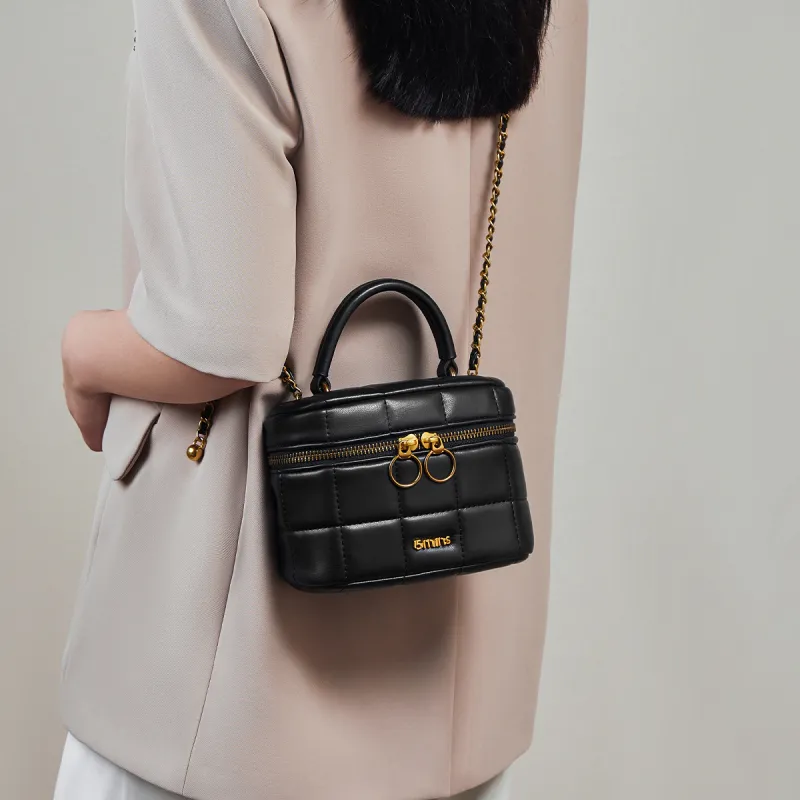 15 MINS Cow Leather Box Bag, Crossbody Bag, Shoulder Bag Mini Women's Ecru/Black-12