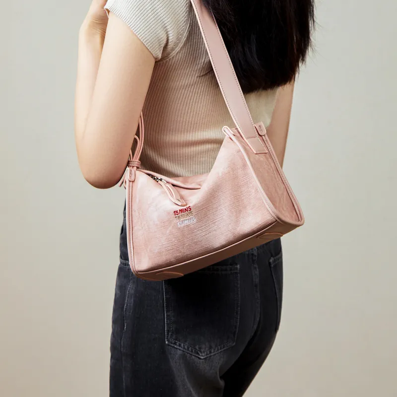 15 MINS Synthetic Leather Shoulder Bag Medium Size Women's Ecru & Apricot/Denim Blue/Dusty Pink-10