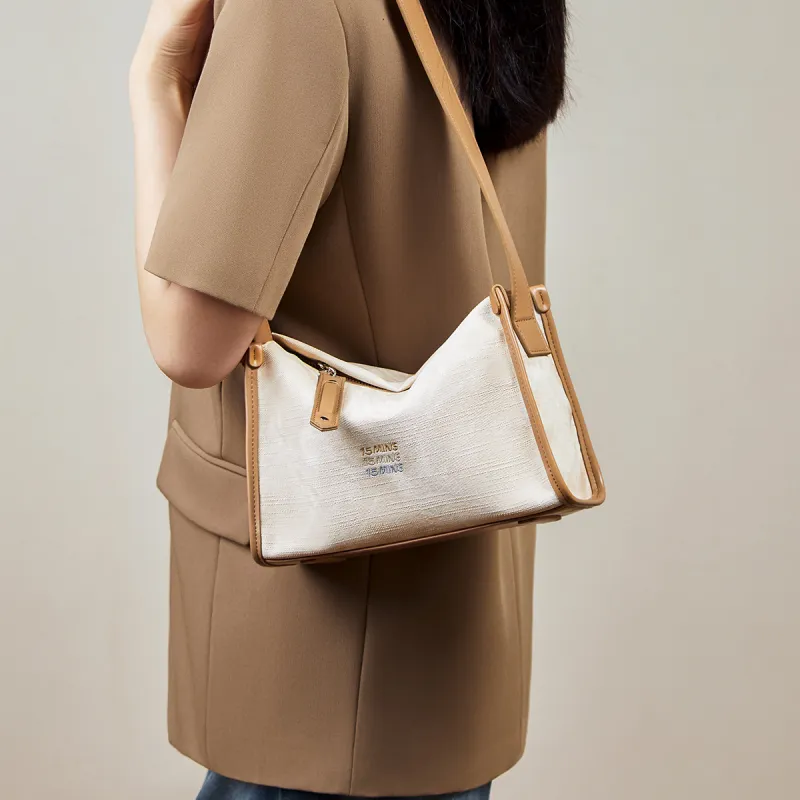 15 MINS Synthetic Leather Shoulder Bag Medium Size Women's Ecru & Apricot/Denim Blue/Dusty Pink-1