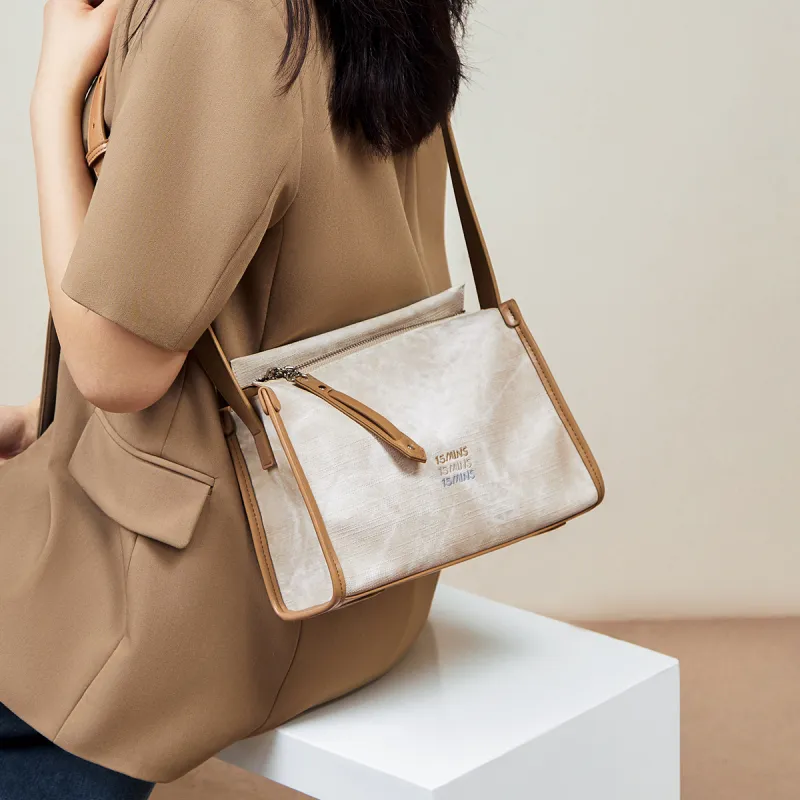 15 MINS Synthetic Leather Shoulder Bag Medium Size Women's Ecru & Apricot/Denim Blue/Dusty Pink-2