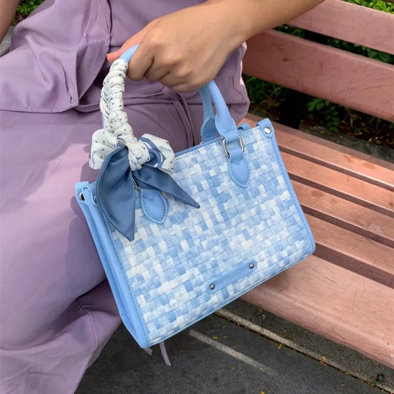 CAEISL&KCIEL Polyurethane Synthetic Leather Tote Bag, Shopping Bag, Shoulder Bag, Handbag Women's Woven Blue-6