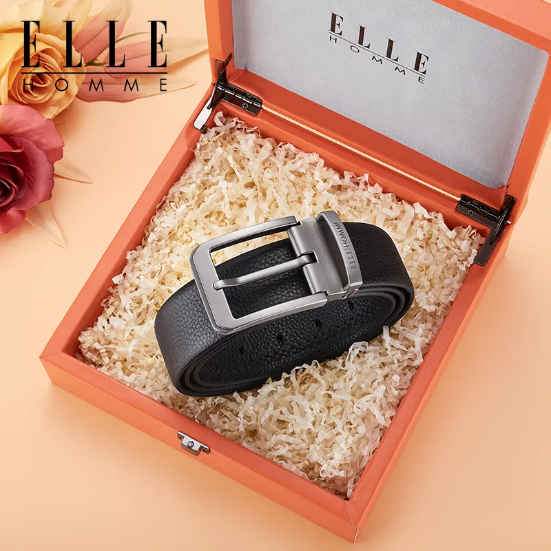 ELLE HOMME Top Grain Cow Leather Business Workplace Etiquette, Versatile Comfortable Belt Men's Gunmetal Width 3.8cm-1