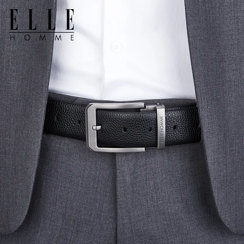 ELLE HOMME Top Grain Cow Leather Business Workplace Etiquette, Versatile Comfortable Belt Men's Gunmetal Width 3.8cm-4