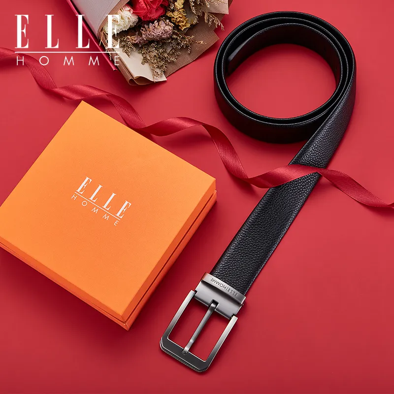 ELLE HOMME Top Grain Cow Leather Business Workplace Etiquette, Versatile Comfortable Belt Men's Gunmetal Width 3.8cm-3