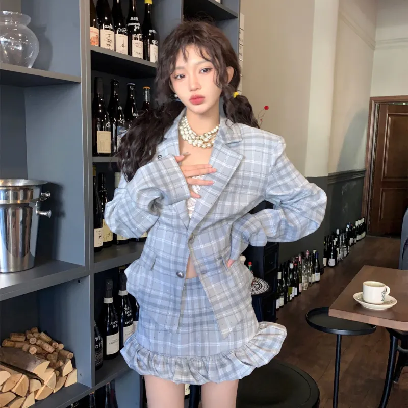 Qiuerle Two Piece Skirt Sets Women's Blue-5