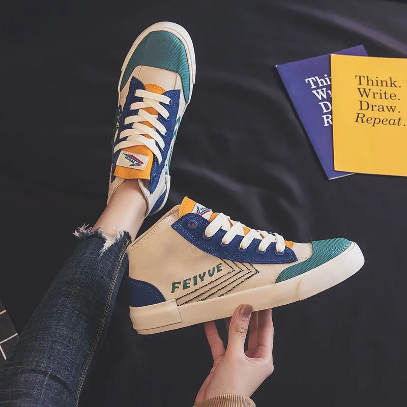 Dafu Leaps Forward Breathable Coverage Abrasion Resistant High Top Canvas Shoes Unisex Beige Green-3