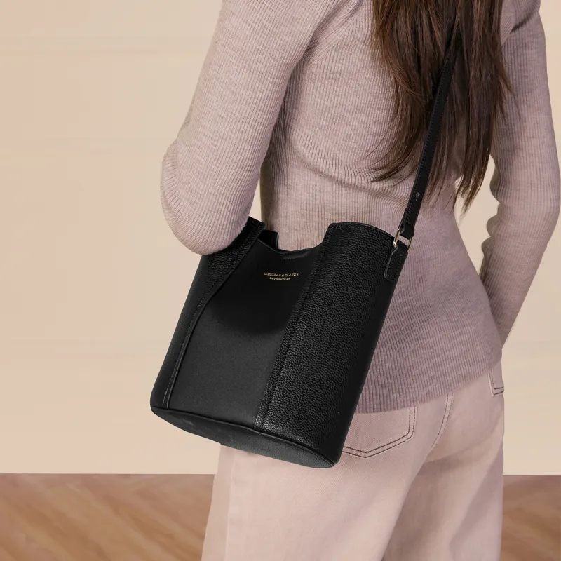 MEXICAN Polyurethane Bucket Bag, Shoulder Bag, Crossbody Bag Women's Black/Coffee-3